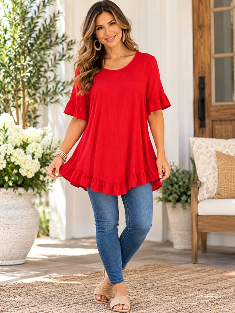 Red High Low Ruffle Blouse Tunic Large Button Back Keyhole